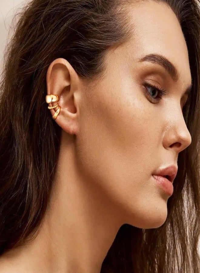 OOOPEL Chunky Ear Cuffs for Women Non Piercing Well-Rounded Fake Ear Cuff Beaded Cuff Earrings Round Edge Cuff Earrings for Women Big Gold Earring Cuffs Set - Image 3